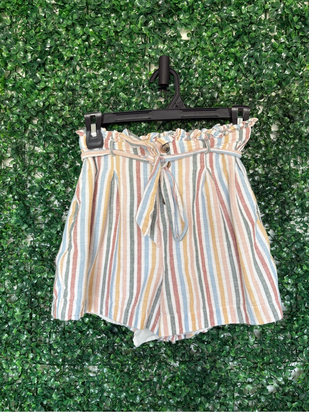 American Eagle Outfitters High-Waist Striped Paperbag Shorts with tie waist